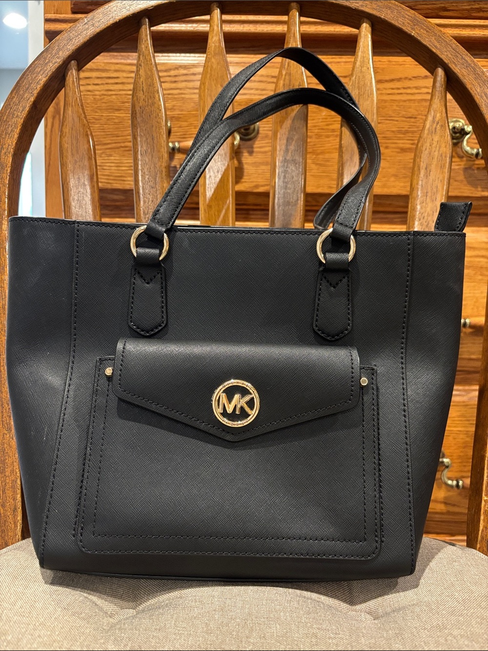 Michael Kors Black Saffiano Tote with Gold MK Accent